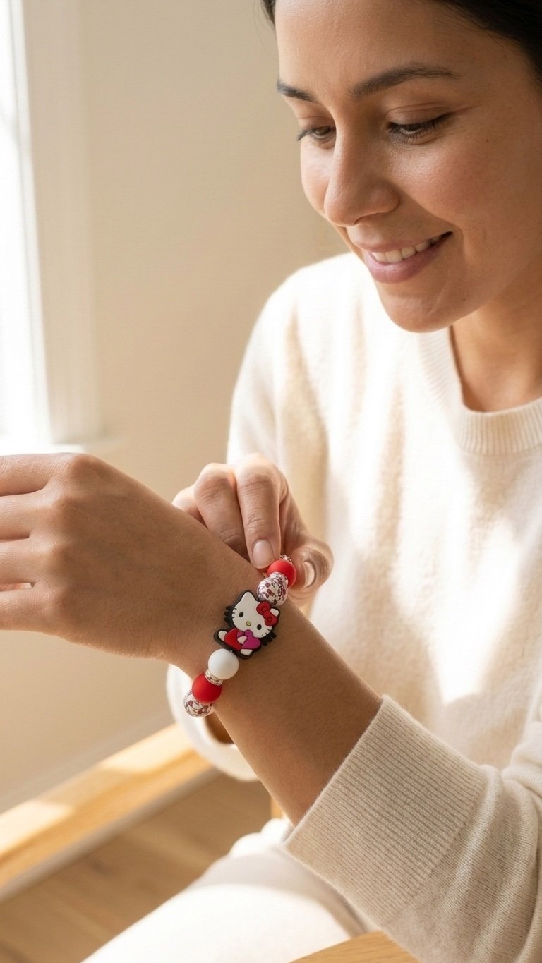 Hello Kitty Red Charmlet worn by a smiling woman