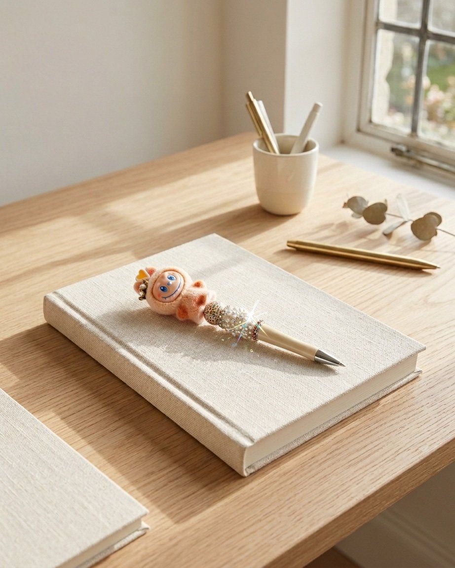 Labubu Wand resting on a linen journal