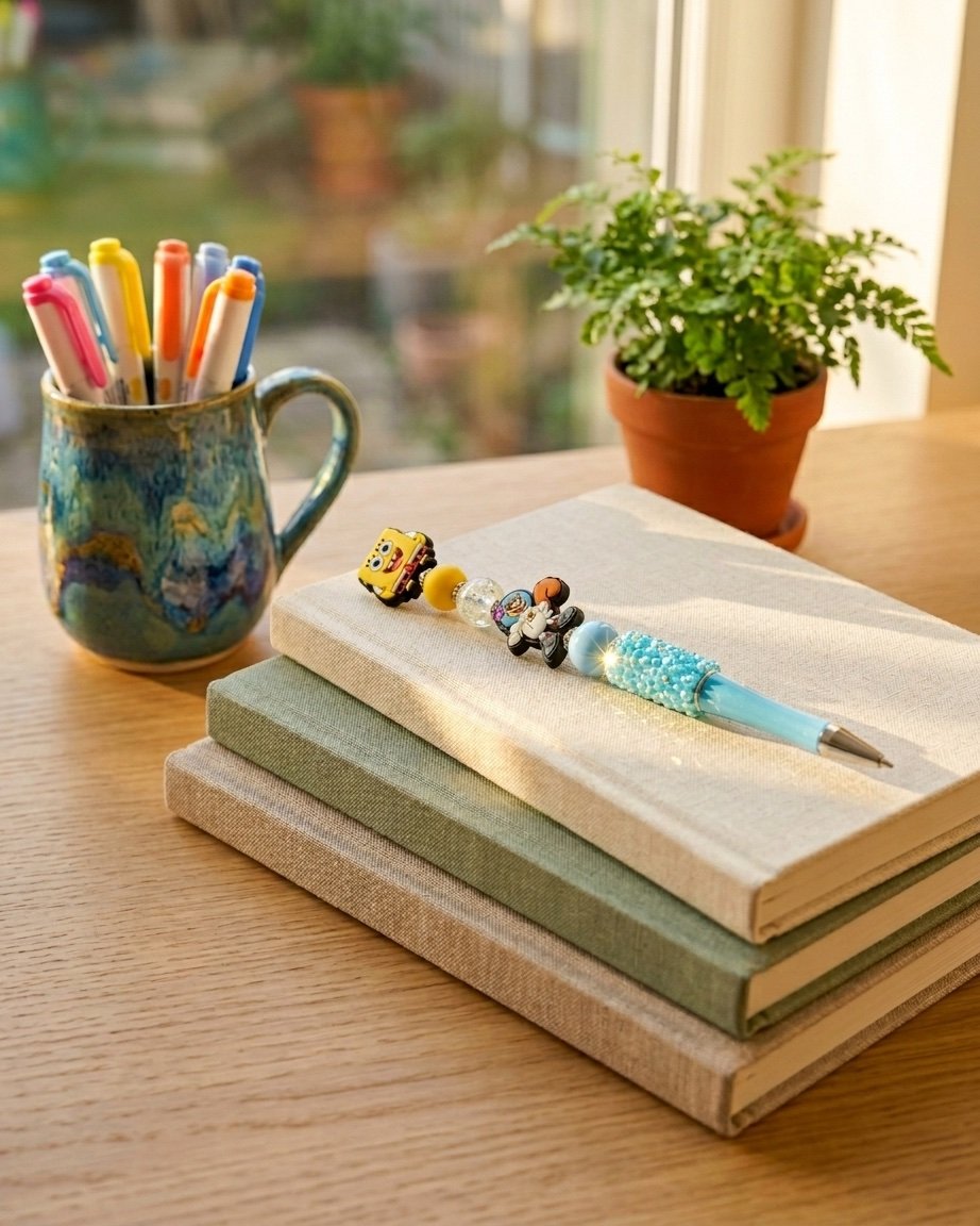 SpongeBob Wand on a stack of journals
