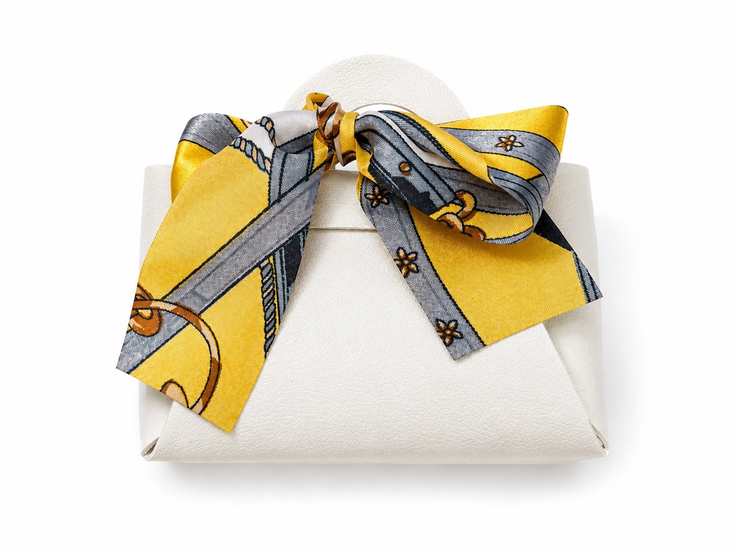 Ivory mini purse with a yellow and dove-gray equestrian silk scarf
