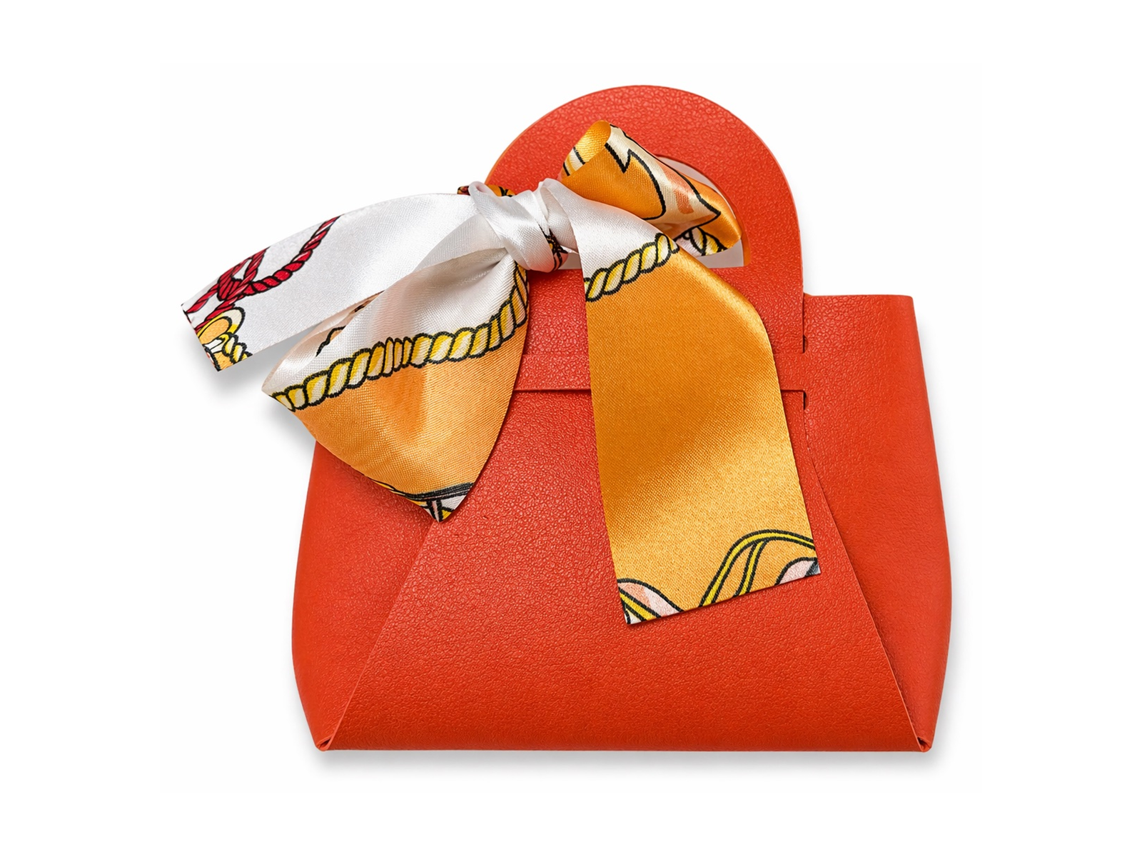 Orange mini purse with an orange and white silk scarf