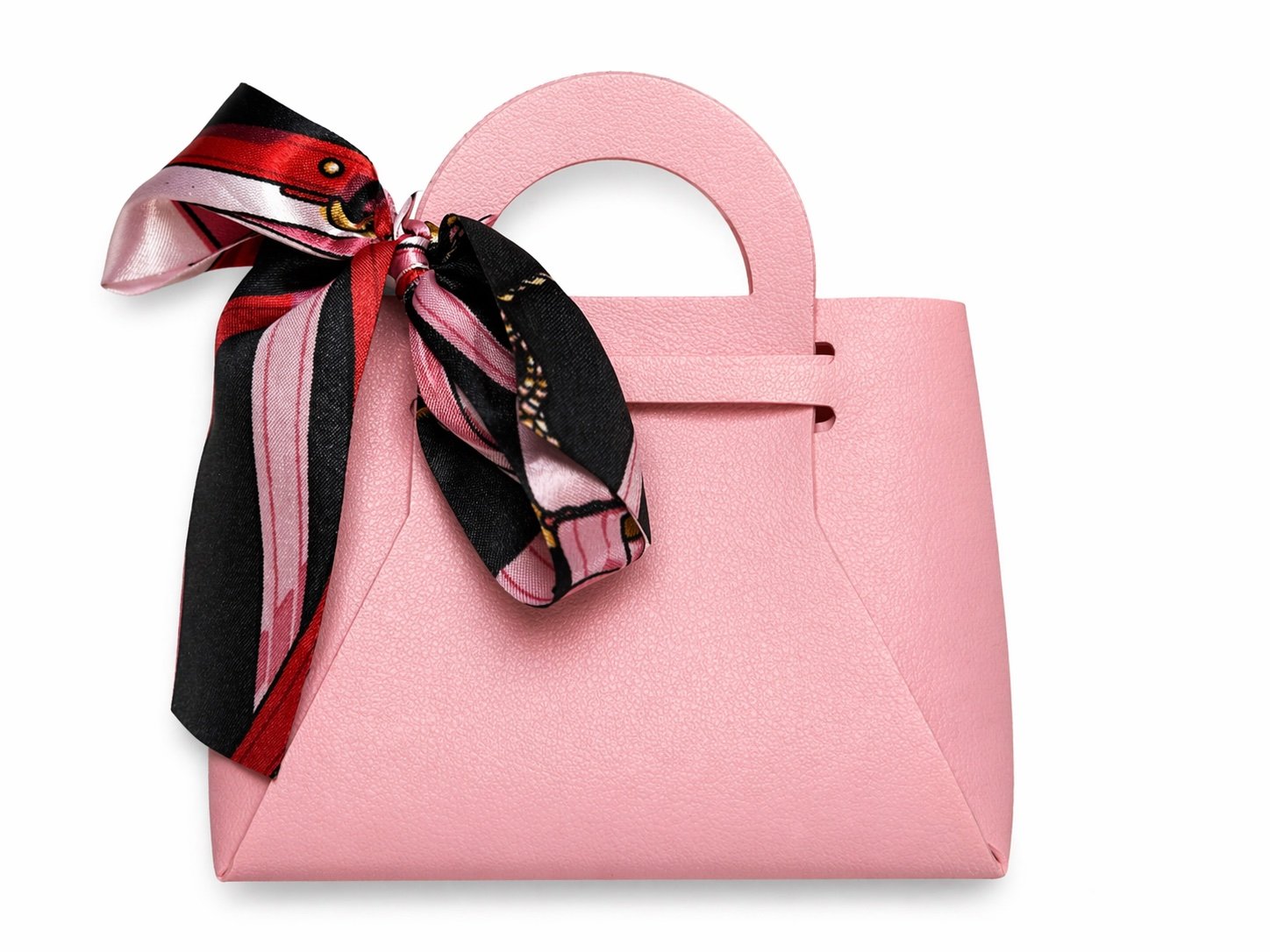 Pink mini purse with a red and black silk scarf